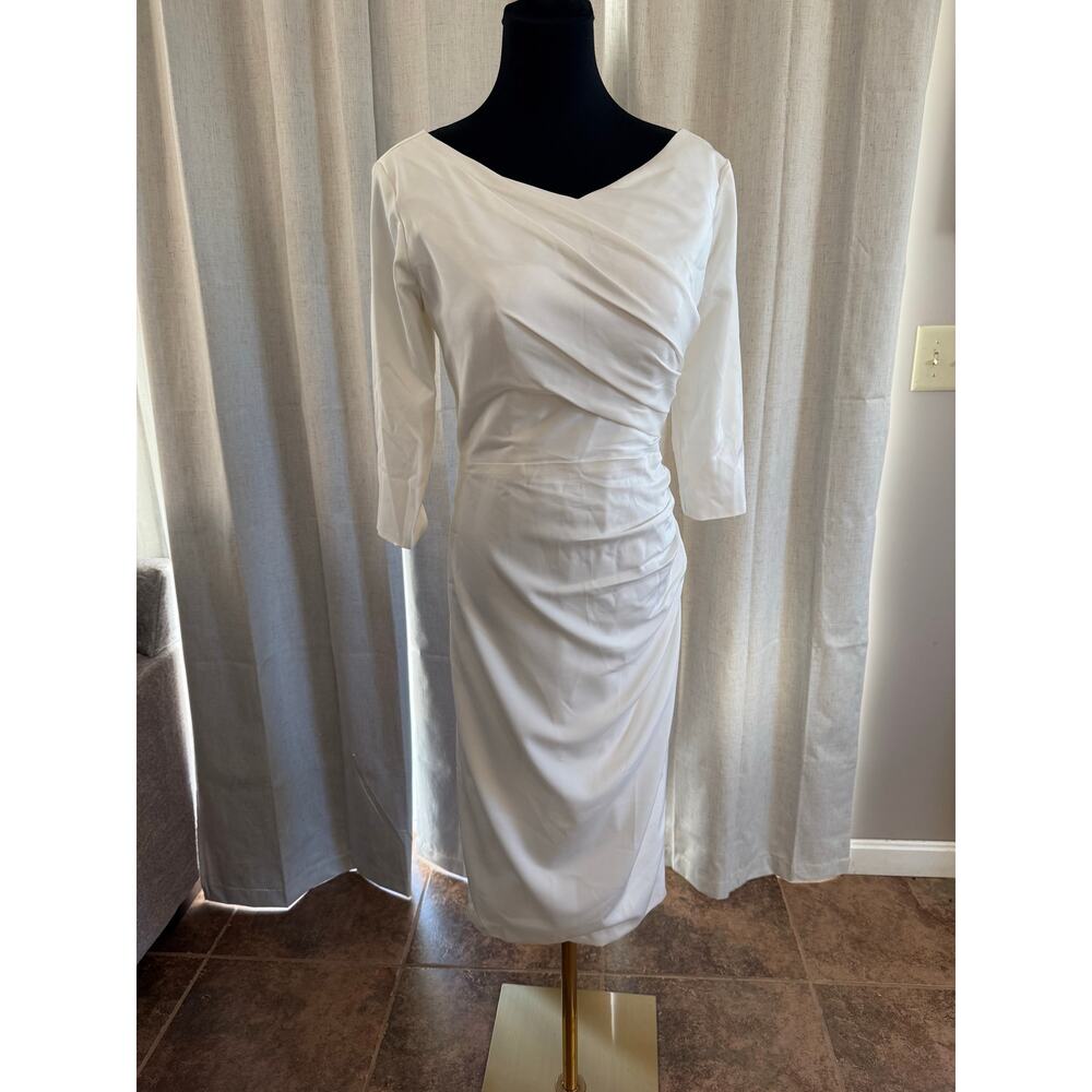 Source Unknown White Ruched Boatneck Midi Dress